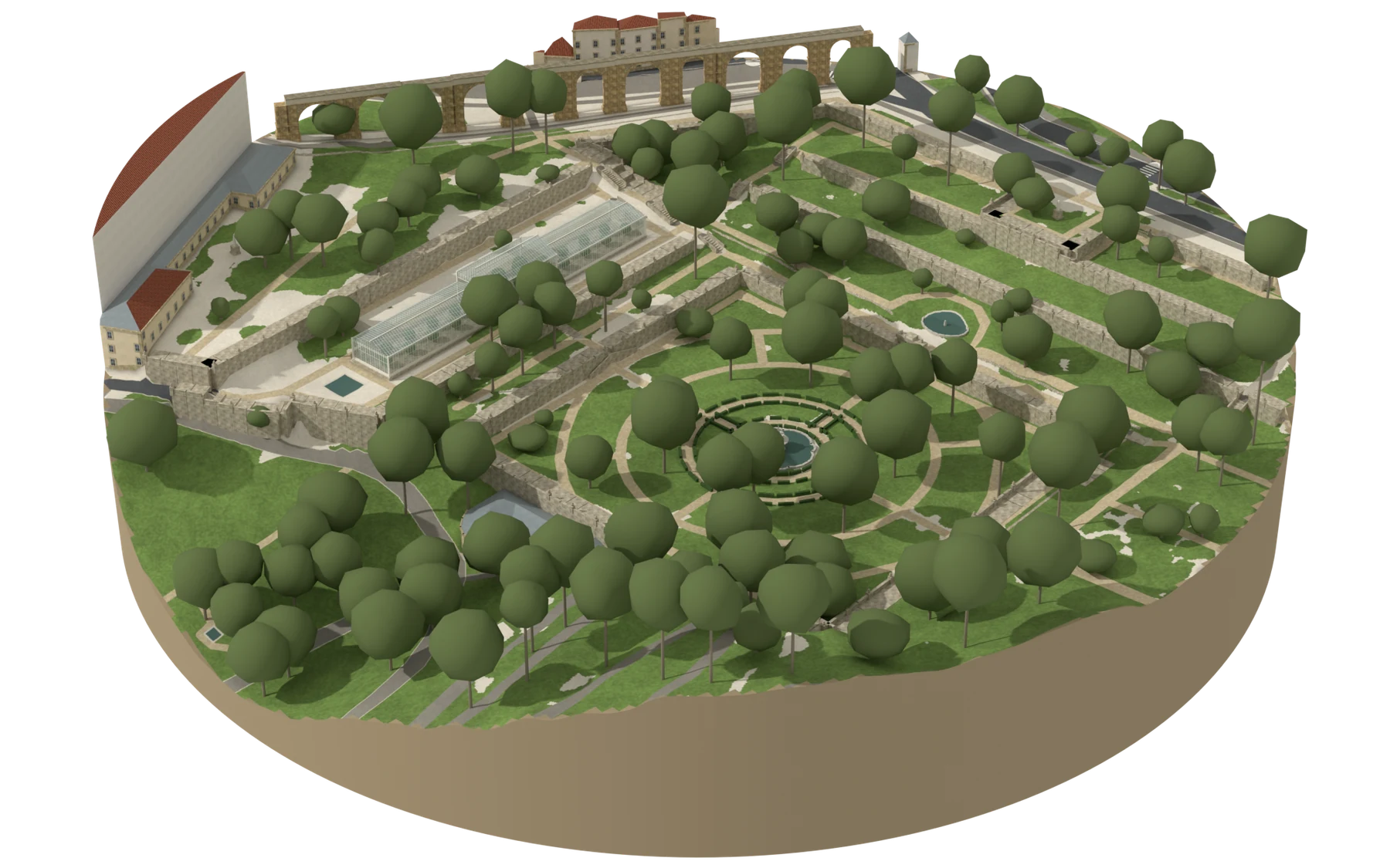Reconstituição do jardim formal do Jardim Botânico, vista de sudoeste: os socalcos com os muros de suporte, o quadrado central com a fonte entre as sebes de buxo, a Estufa Grande de vidro no terraço de cima e, ao fundo, os Arcos do Jardim.