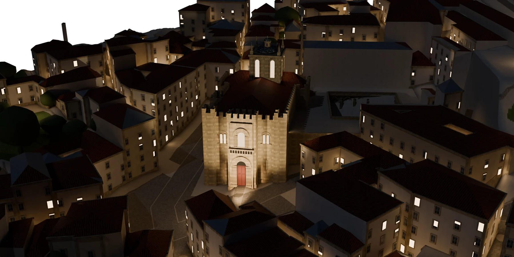 A Sé Velha de Coimbra à noite, na maqueta: a fachada iluminada, a escadaria em baixo e as casas da Alta com janelas acesas.